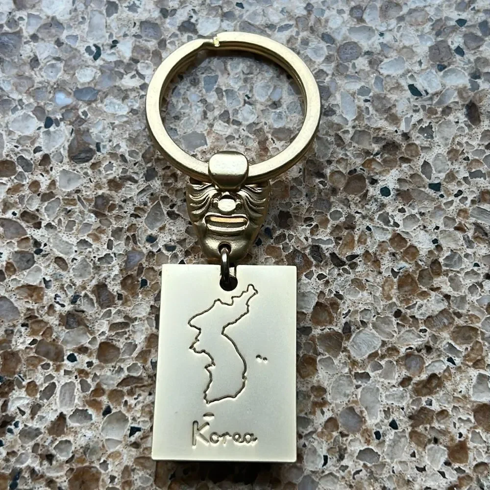 Gold Tone Korean Mask Keychain with Flower 🌺 Tag In Box 🗃️ engraved Korea back
